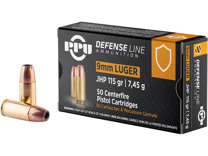 PPU Defense 9mm Luger Ammo 115 Grain Jacketed Hollow Point Box of 50
