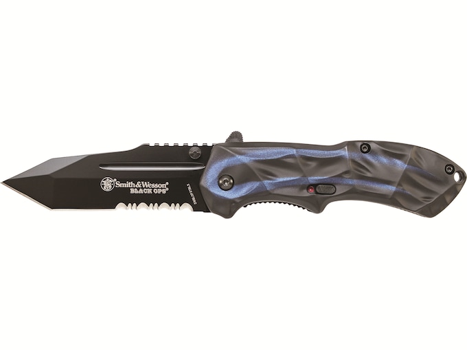 Smith & Wesson SWBLOP3TBLS Assisted Opening Pocket Knife 3.4″ Partially Serrated Tanto Point 4034 Black Oxide Blade Aluminum Handle Black/Blue,