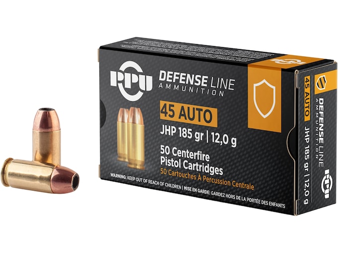PPU Defense 45 ACP Ammo 185 Grain Jacketed Hollow Point Box of 50