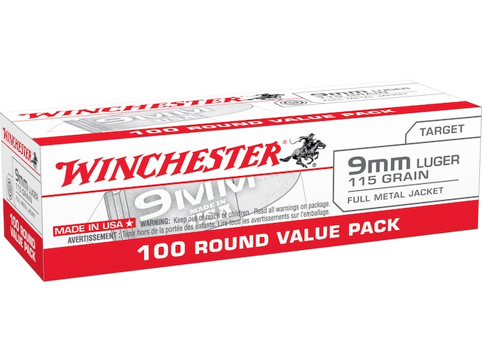 Winchester Target & Practice 9mm Luger Ammo 115 Grain Full Metal Jacket Box of 100