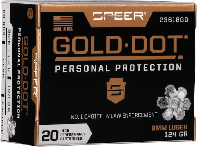 Speer Gold Dot 9mm Luger Ammo 124 Grain Bonded Jacketed Hollow Point Box of 20