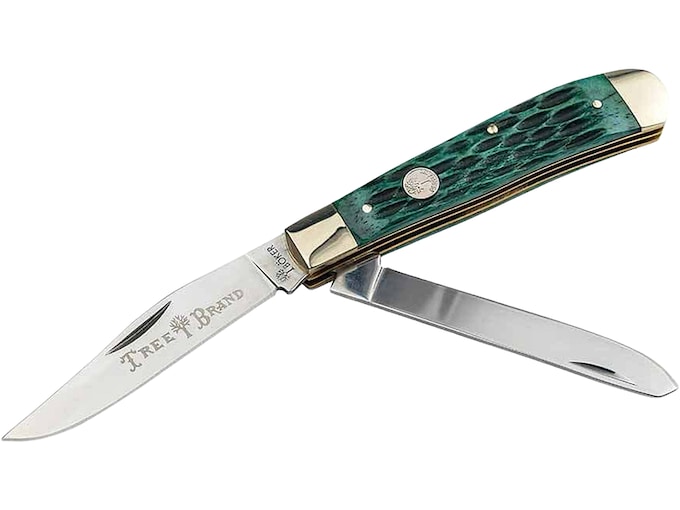 Boker Knives Traditional Series 2.0 Trapper Pocket Knife 3.25″ Clip and Spey Point D2 Satin Blade Jigged Bone Handle Green