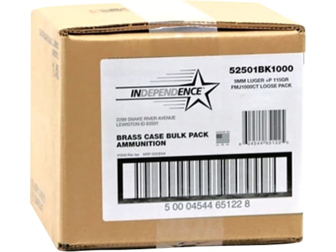 Independence 9mm Luger +P Ammo 115 Grain Full Metal Jacket Box of 1000 (Bulk)