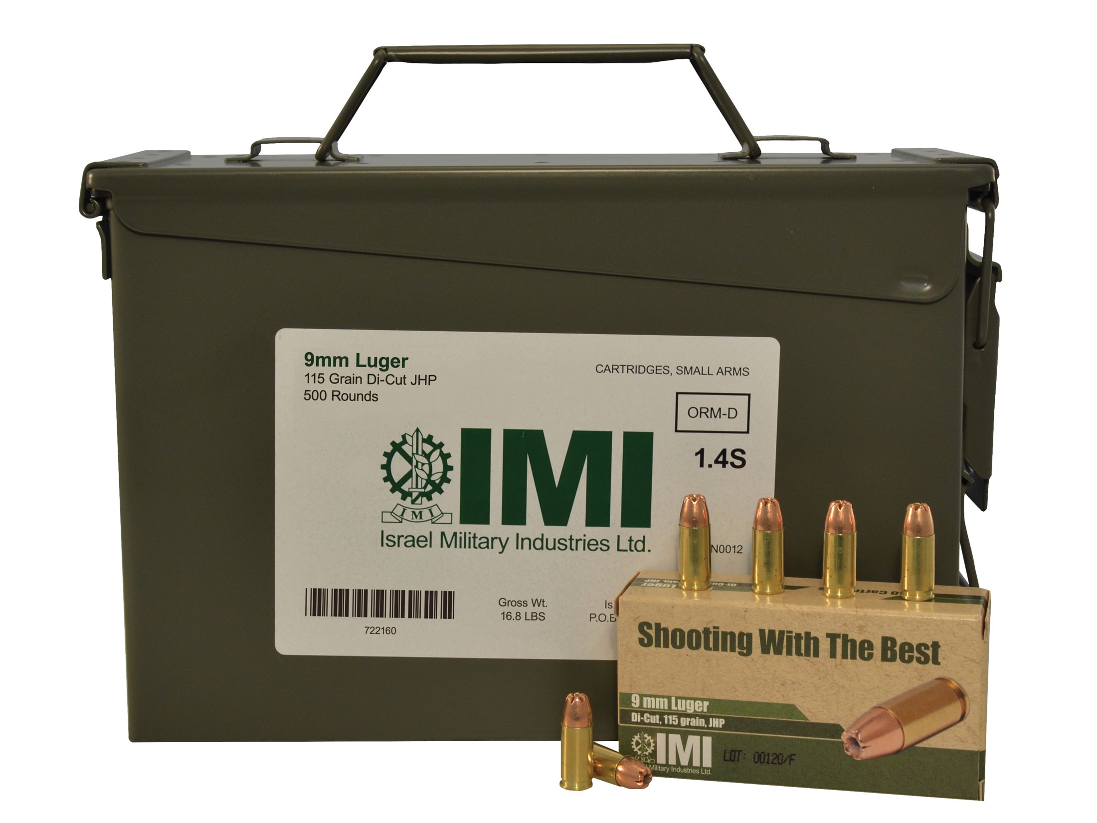 IMI 9mm Luger Ammo 115 Grain Jacketed Hollow Point Ammo Can of 500 (10