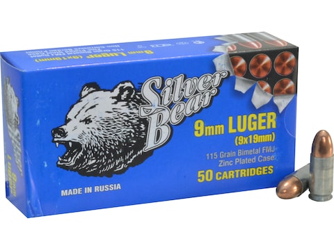 Silver Bear Ammo 9mm Luger 115 Grain Full Metal Jacket Zinc Plated