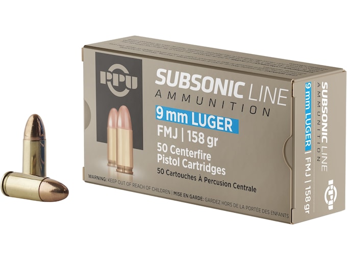 PPU Subsonic 9mm Luger Ammo 158 Grain Full Metal Jacket Box of 50