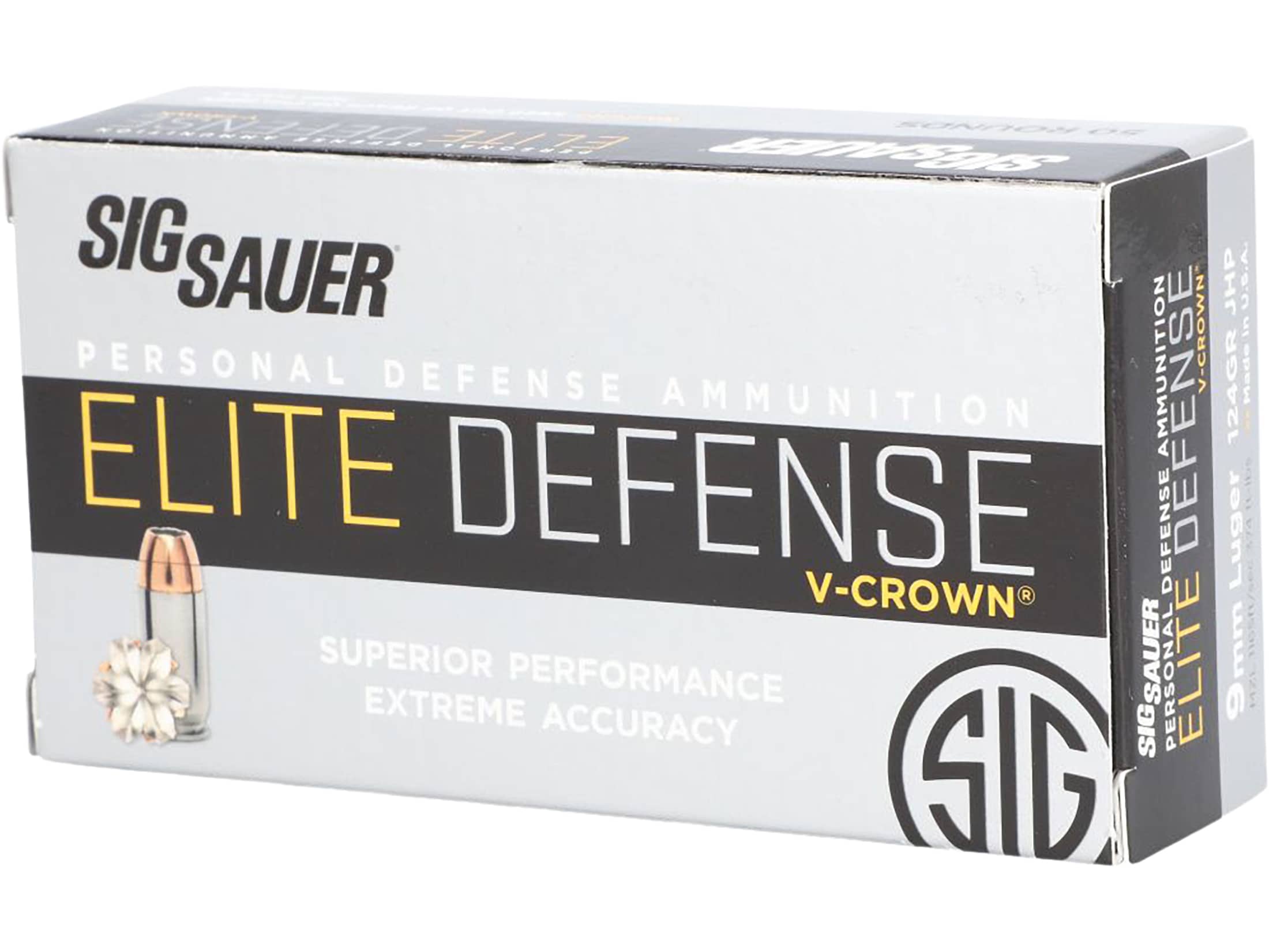 Sig Sauer Elite Performance Ammunition 9mm Luger 124 Grain V-Crown Jacketed Hollow Point Box of 50