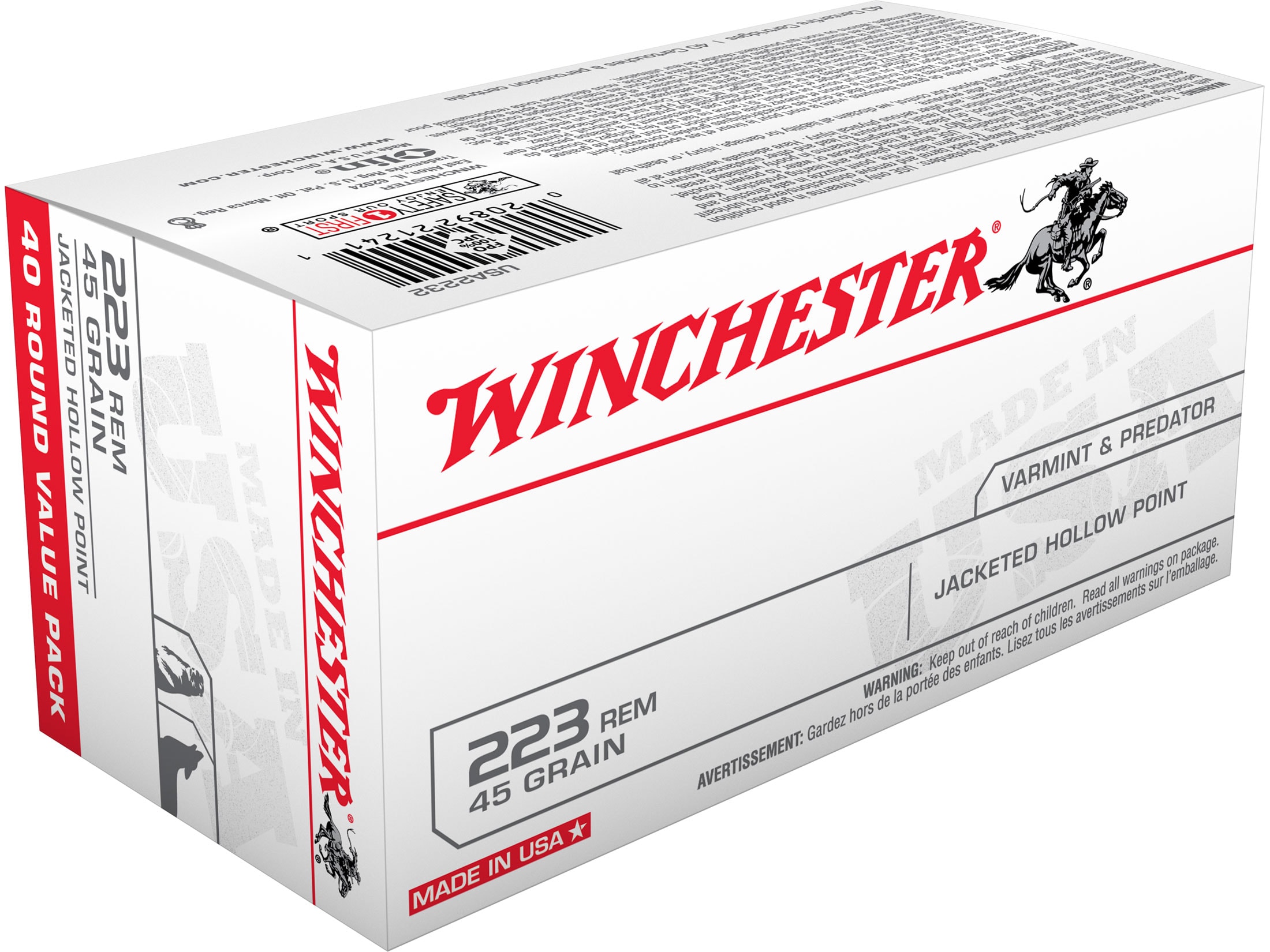 Winchester USA Ammo 223 Remington 45 Grain Jacketed Hollow Point Box