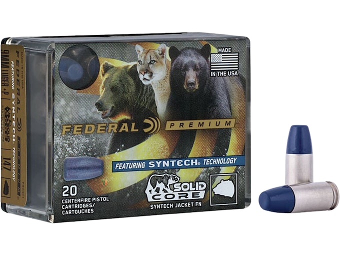 Federal Premium Syntech Solid Core 9mm Luger +P Ammo 147 Grain Federal TSJ Total Synthetic Jacket (TSJ) Box of 20