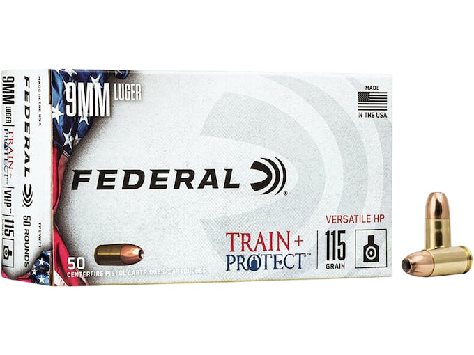 Federal Train + Protect 9mm Luger Ammo 115 Grain Federal Versatile Jacketed Hollow Point Box of 50