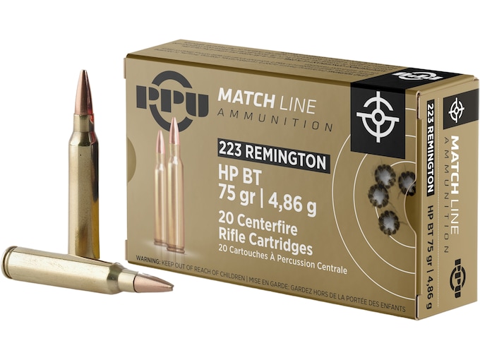 PPU Match 223 Remington Ammo 75 Grain Jacketed Hollow Point Box of 20