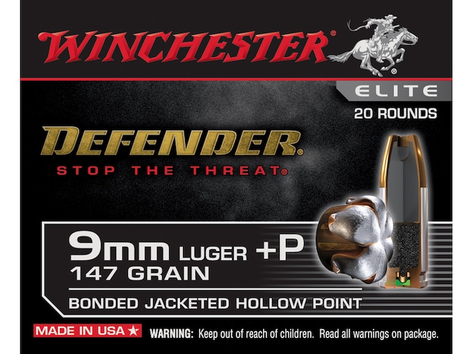 Winchester Defender 9mm Luger +P Ammo 147 Grain Winchester PDX1 Bonded Jacketed Hollow Point Box of 20