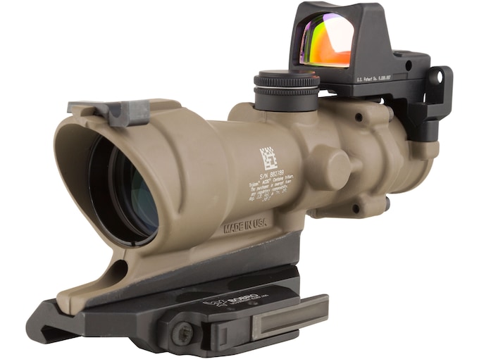 Trijicon ACOG Rifle Scope 4x 32mm Tritium Illuminated Amber Crosshair 5.56 Reticle with 3.25 MOA RMR Type 2 Red Dot Sight, Iron Sight and Quick Release Mount Cerakote Flat Dark Earth