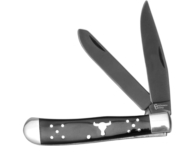 American Buffalo Knife & Tool Black Angus Trapper Pocket Knife 3.5″ Clip Point 8Cr13MoV Satin Blade Delrin Handle Black,