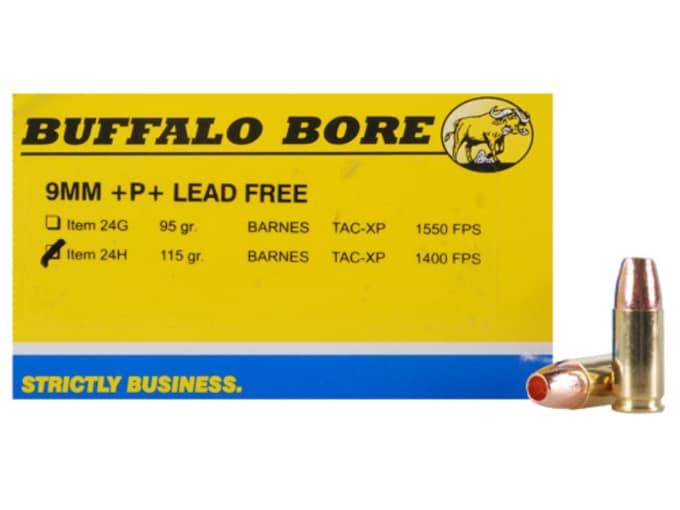 Buffalo Bore 9mm Luger +P+ Ammo 115 Grain Barnes TAC-XP Solid Hollow Point Lead Free Box of 20