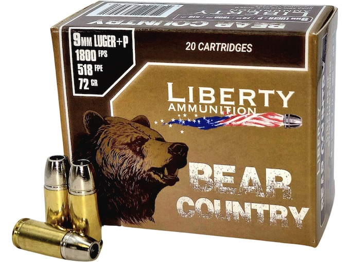 Liberty Ammunition Bear Country 9mm Luger +P Ammo 72 Grain Solid Hollow Point Lead Free Box of 20