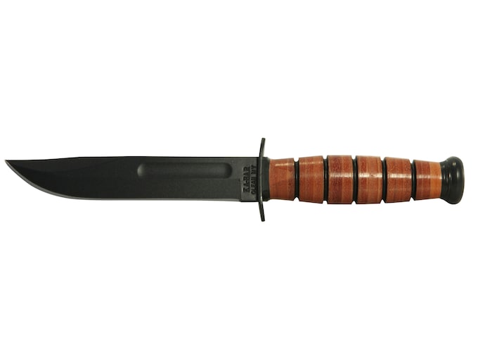 KA-BAR Short Fixed Blade Knife 5.25" Clip Point 1095 Cro-Van Black Powder Coat Blade Stacked Leather Handle Black/Brown