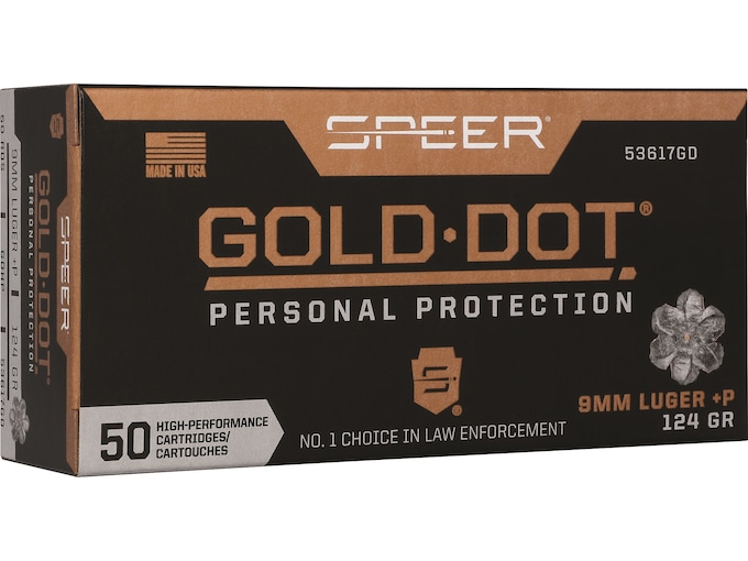 Speer Gold Dot 9mm Luger +P Ammo 124 Grain Bonded Jacketed Hollow Point Box of 50