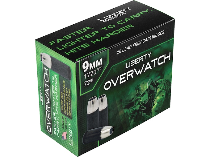 Liberty Overwatch 9mm Luger +P Ammo 72 Grain Solid Hollow Point Lead Free Box of 20