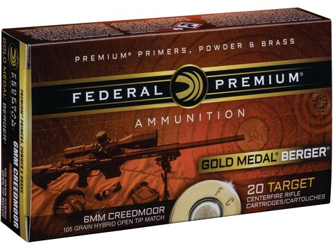 Federal Premium Gold Medal Berger Ammunition 6mm Creedmoor 105 Grain Berger Hybrid Holl...