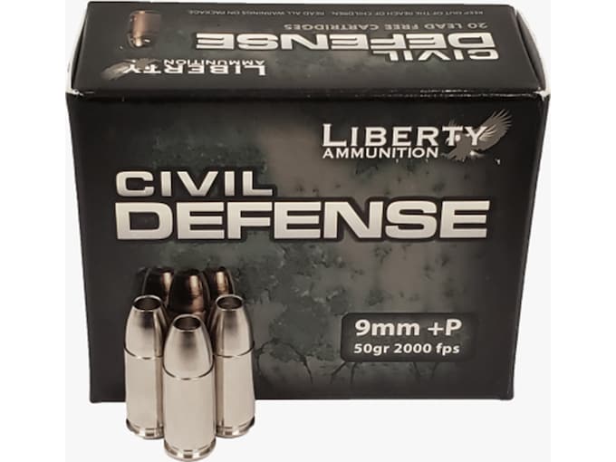 Liberty Civil Defense 9mm Luger +P Ammo 50 Grain Fragmenting Hollow Point Lead Free Box of 20