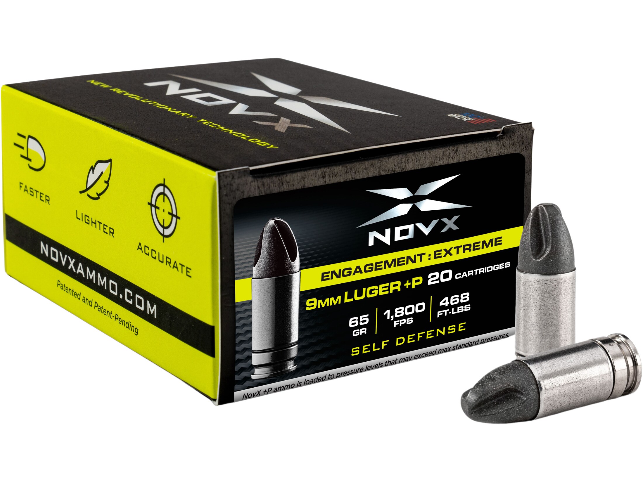 NovX Engagement Extreme Self-Defense Ammo 9mm Luger +P 65 Grain Fluted
