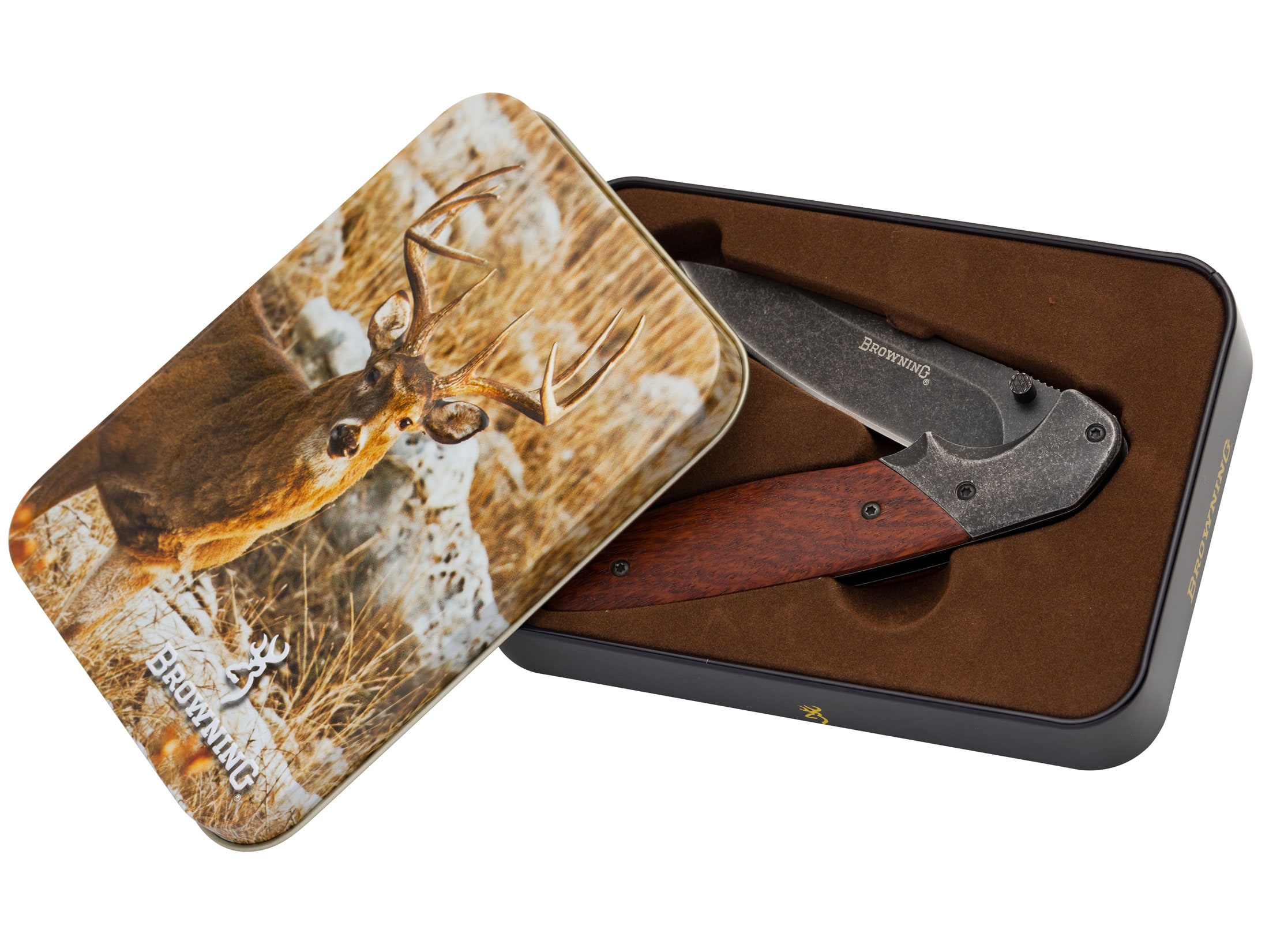 Browning Whitetail Folding Pocket Knife Gift Tin 3.25 Stonewash Drop