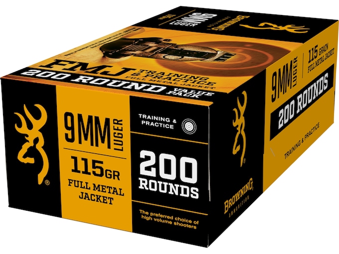 Browning FMJ 9mm Luger Ammo 115 Grain Full Metal Jacket Case of 1000 (5 Boxes of 200)