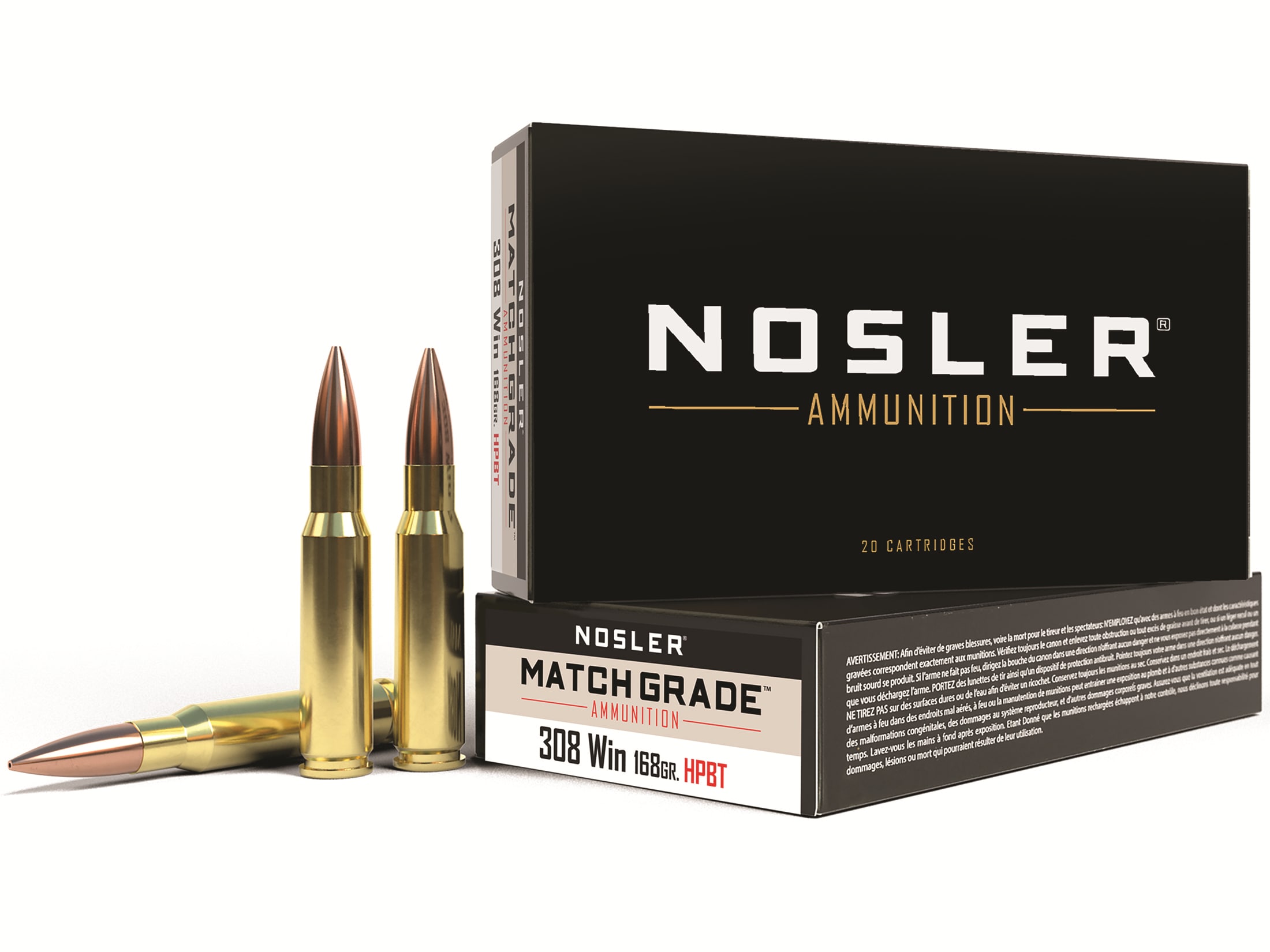 Nosler Match Grade Ammunition 308 Winchester 168 Grain Custom Competition Hollow Point Boat Tail Box of 20