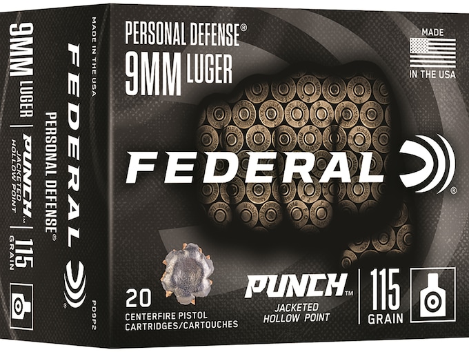 Federal Personal Defense Punch 9mm Luger Ammo 115 Grain Federal Punch Jacketed Hollow Point Box of 20