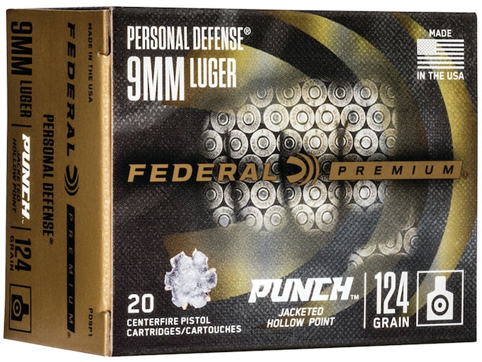 Federal Personal Defense Punch 9mm Luger Ammo 124 Grain Jacketed Hollow Point Case of 200 (10 Boxes of 20)