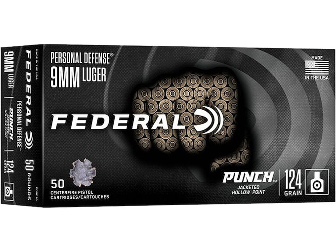 Federal Premium Personal Defense Punch 9mm Luger Ammo 124 Grain Federal Punch Jacketed Hollow Point Box of 50