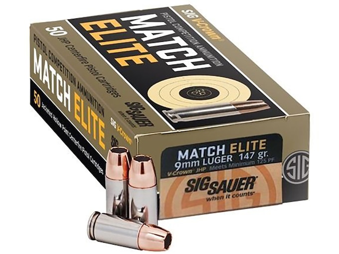 Sig Sauer Match Elite 9mm Luger Ammo 147 Grain Sig V-Crown Jacketed Hollow Point Box of 50