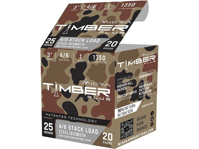 Migra Timber Plus 20 Gauge Ammo 3" #4 and #6 Steel and Bismuth Shot 1 oz Box of 25