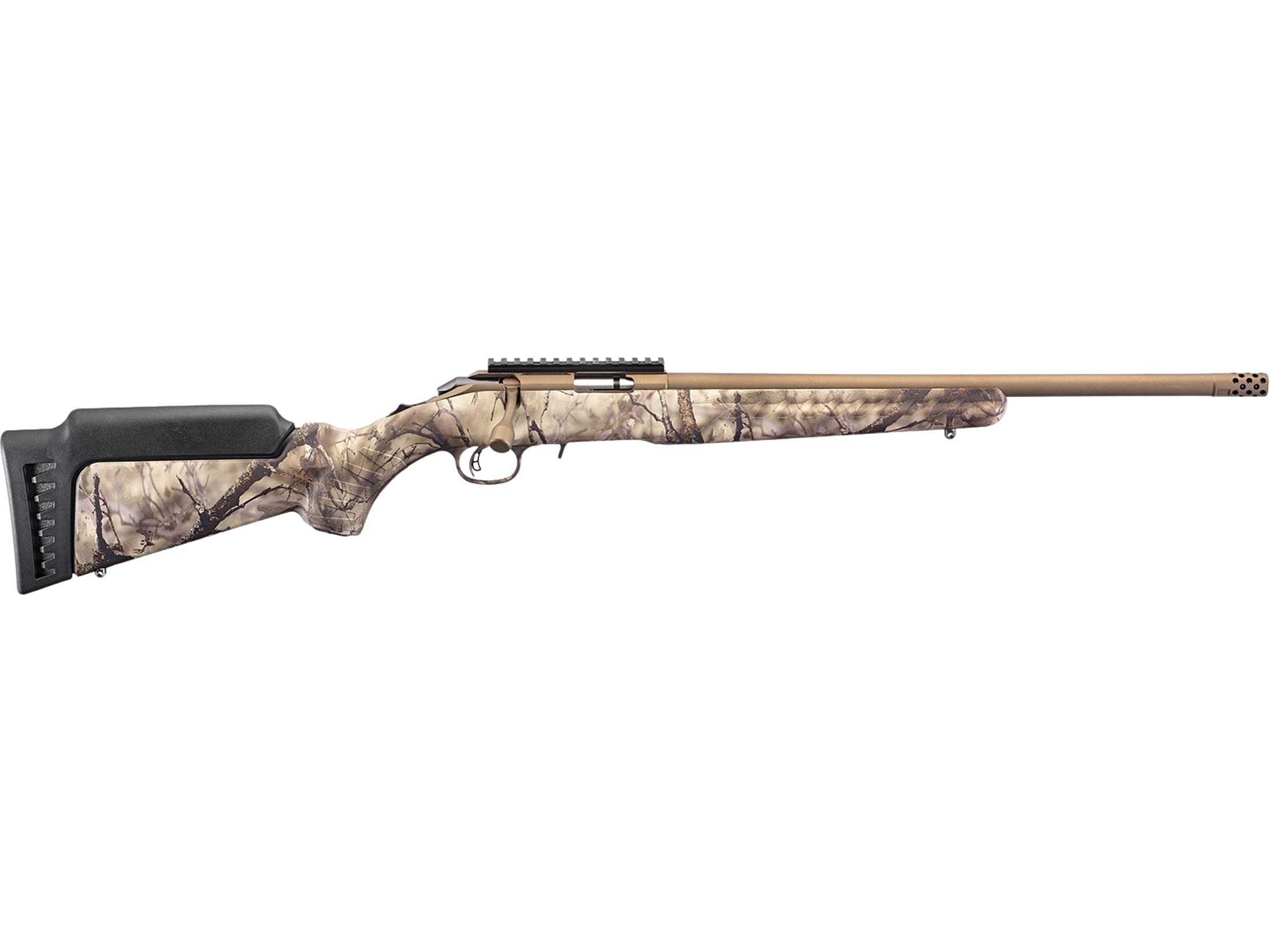 Ruger American Go Wild Bolt Action Rifle 22 Winchester Magnum Rimfire (WMR) 18" Burnt Bronze Cerakote Threaded Barrel Burnt Bronze Cerakote Frame Go Wild I-M Camo Field Stock