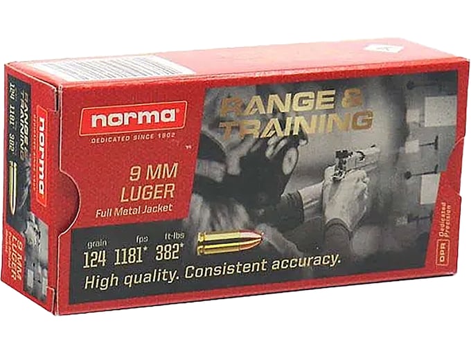 Norma Range & Training 9mm Luger Ammo 124 Grain Full Metal Jacket Box of 50