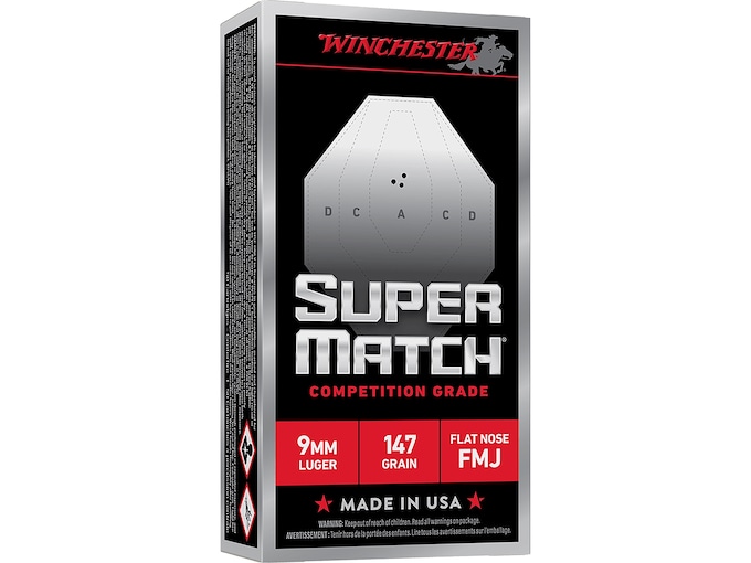 Winchester Super Match 9mm Luger Ammo 147 Grain Full Metal Jacket Flat Nose Case of 500 (10 Boxes of 50)