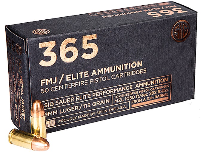 Sig Sauer 365 Elite Performance 9mm Luger Ammo 115 Grain Sig Sauer Full Metal Jacket Box of 50