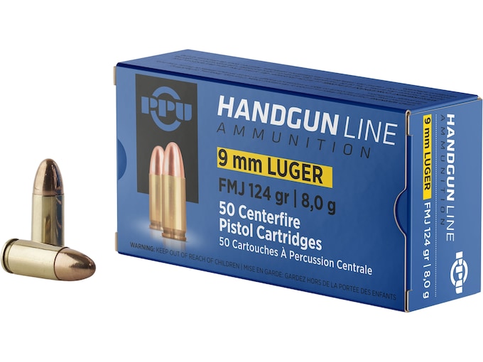 PPU 9mm Luger Ammo 124 Grain Full Metal Jacket Box of 50