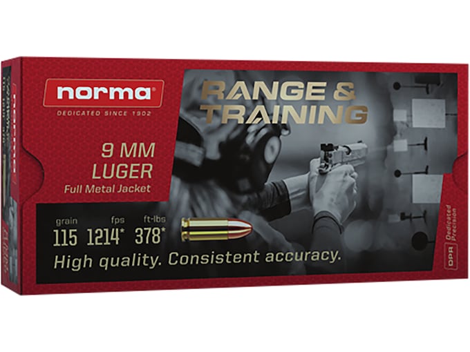 Norma Range & Training 9mm Luger Ammo 115 Grain Full Metal Jacket Box of 50
