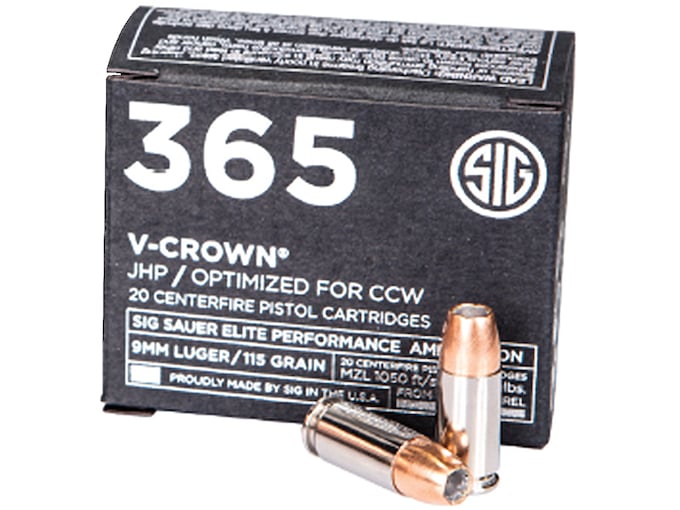 Sig Sauer 365 Elite Performance 9mm Luger Ammo 115 Grain Sig V-Crown Jacketed Hollow Point Box of 20
