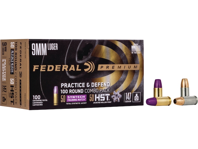 Federal Premium Practice and Defend HST/Syntech Combo 9mm Luger Ammo 147 Grain Total Synthetic Jacket and Jacketed Hollow Point Box of 100