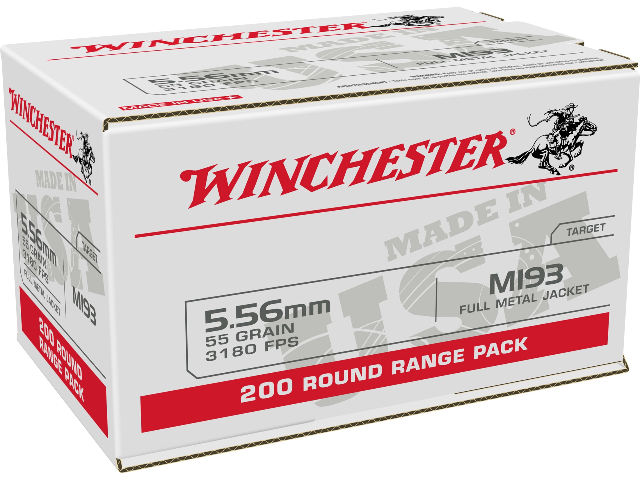 Winchester USA Ammo 5.56x45mm NATO 55 Grain M193 Full Metal Jacket Box.