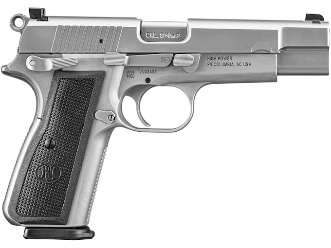 FN High Power 9mm Luger Pistol 4.7″ Barrel 17+1 Round Stainless Slide Black Grip Stainless Frame