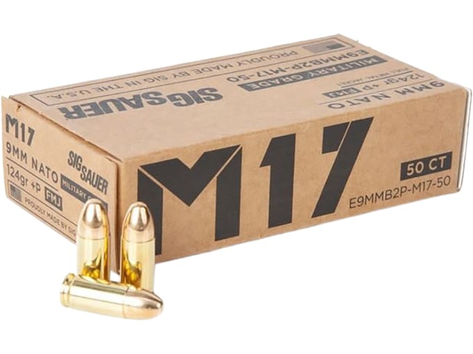 Sig Sauer M17 Military Grade 9mm Luger +P Ammo 124 Grain Full Metal Jacket Box of 50