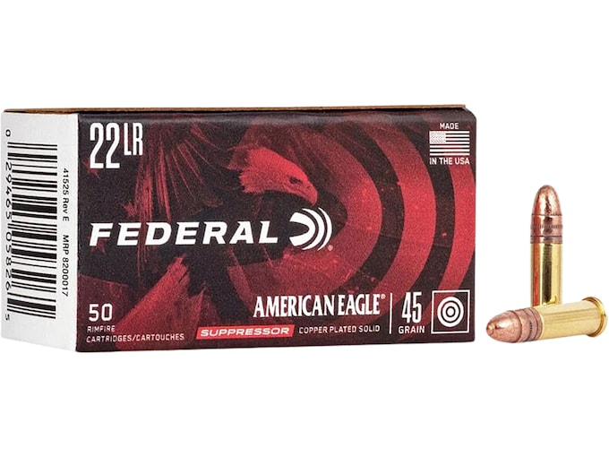 Federal American Eagle Suppressor 22LR Ammo 45 Grain Plated Round Nose Box of 50