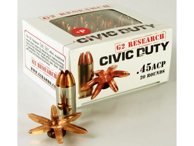 G2 Research Civic Duty 45 ACP Ammo 164 Grain G2 R.I.P. Solid Hollow Point Lead Free Box of 20